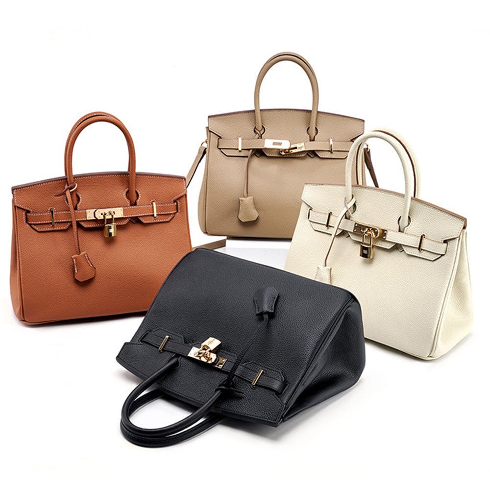 Four Top-Handle Bag in golden brown, gray, black, and creamy white