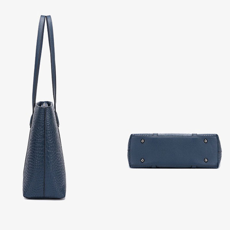 Royal Blue Genuine Leather Croc-Embossed Bag side view and bottom view