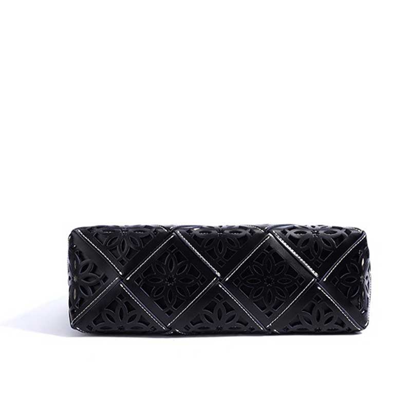 Black Genuine Leather Floral Cutout Tote Bag bottom