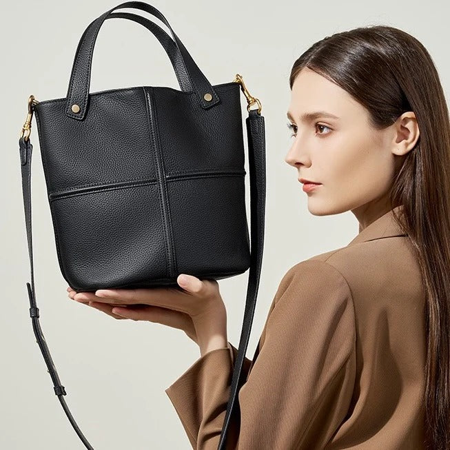 Women black Leather Bucket Bag