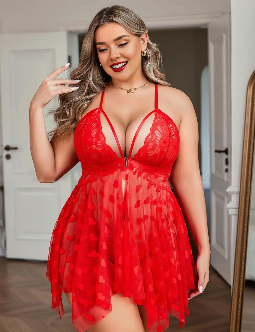 Plus Size Sexy Front Closure Lace Sheer Babydoll Red