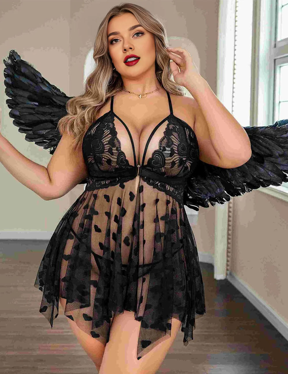 Plus Size Sexy Front Closure Lace Sheer Babydoll Black