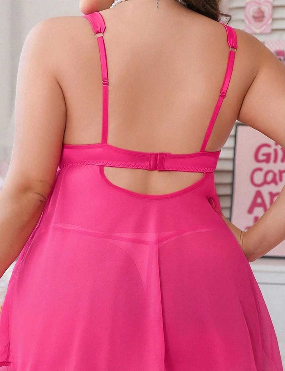 Rose Red Plus Size Bow Knot Front Mesh Babydoll Back View