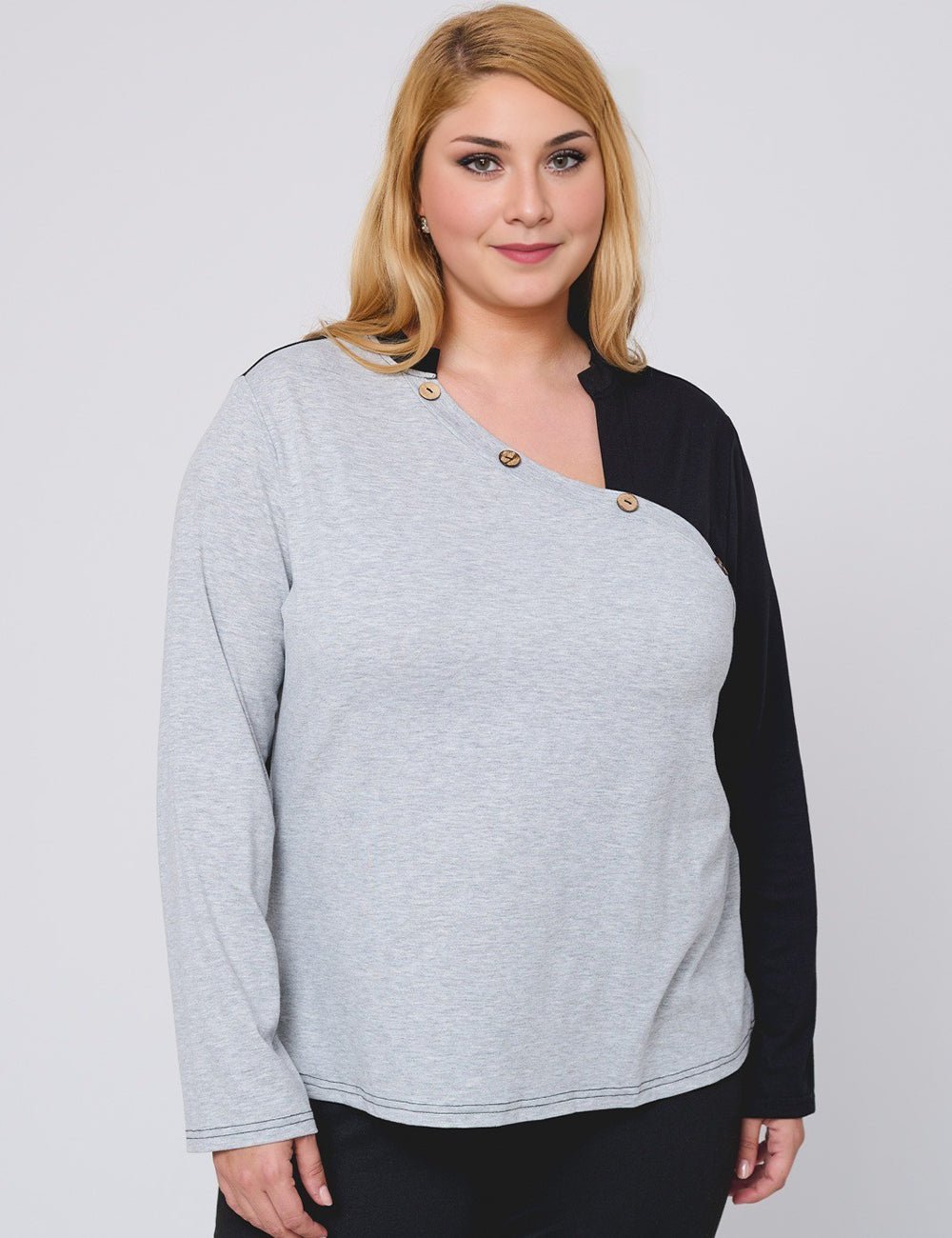 Women Plus Size Chic Long Sleeve T-Shirt With Buttons - PRUSES
