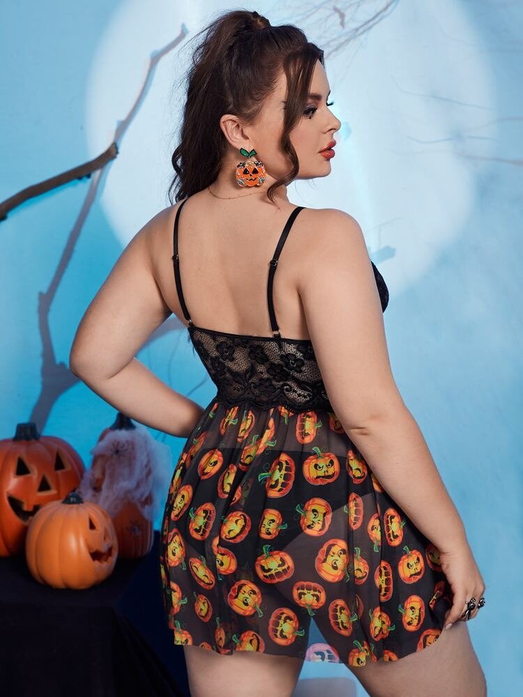 Women Plus Size Halloween Pumpkin Print Chemise with Side Slit - PRUSES