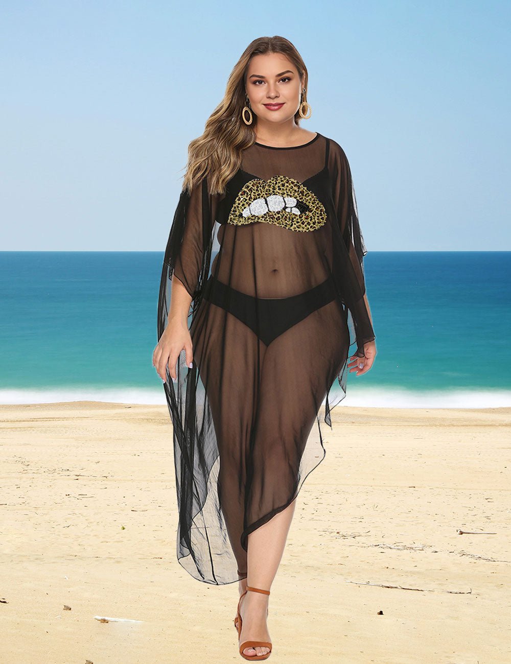 Women Plus Size Leopard Lips Irregular Cover - Up | PRUSES - PRUSES