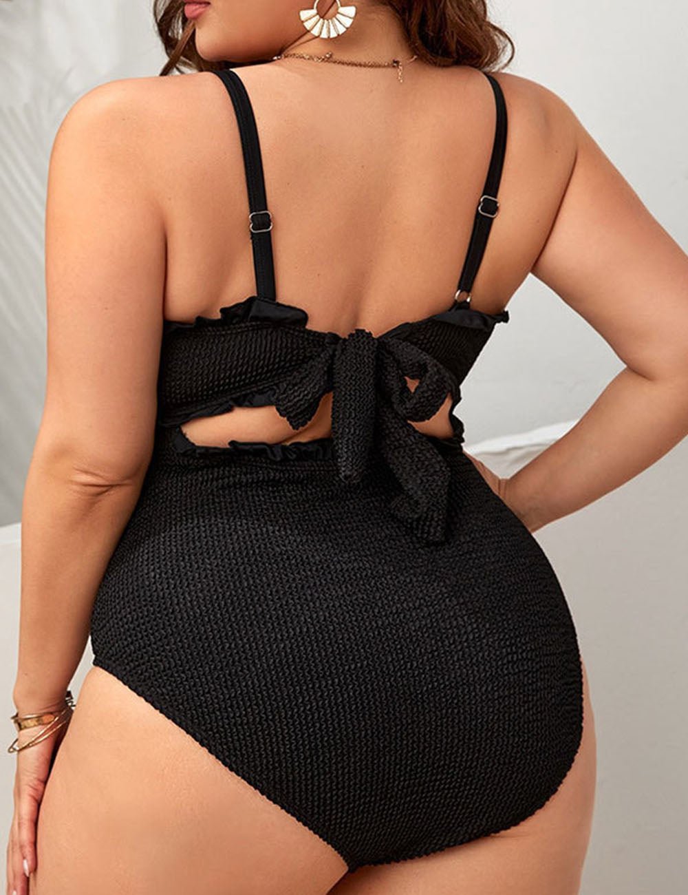 Women Plus Size Plain Tie Backless One Piece Swimsuit - PRUSES