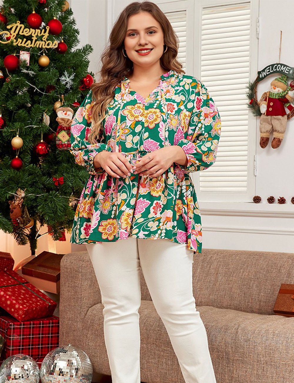 Women Plus Size Tied V Neck Babydoll Top | PRUSES - PRUSES