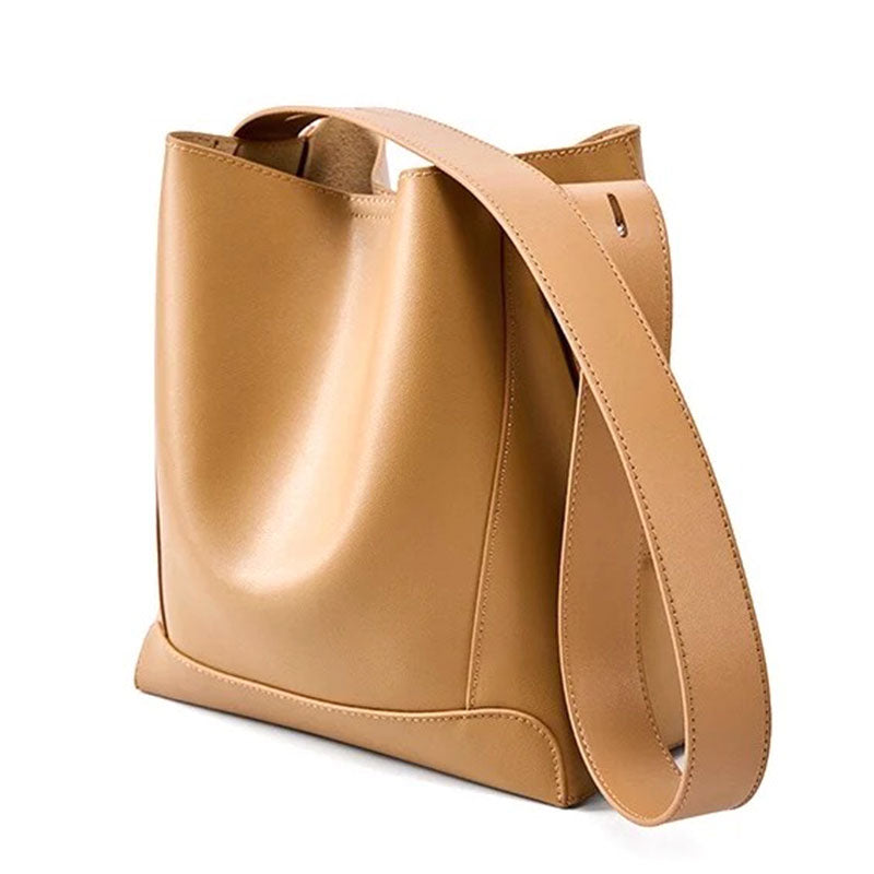Women's Khaki Leather Bucket Bags Wide Strap Shoulder Bags