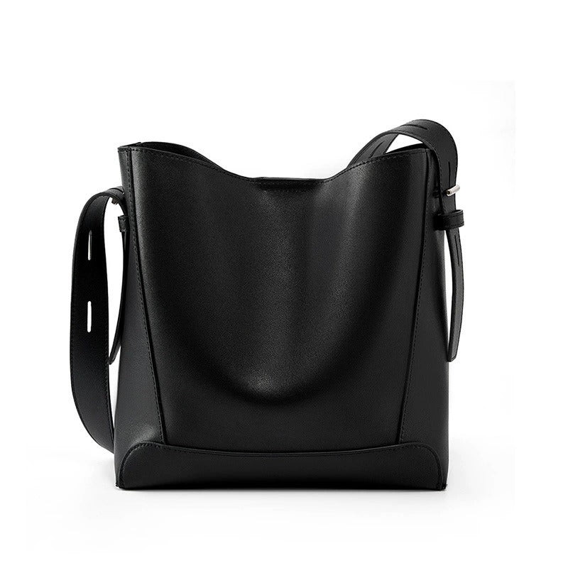 Women's Black Genuine Leather Bucket Bags Wide Strap Shoulder Bags