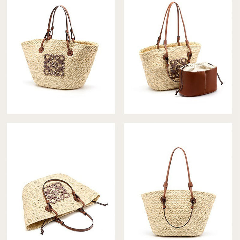 Women's Beige Handwoven Straw Beach Tote Bag