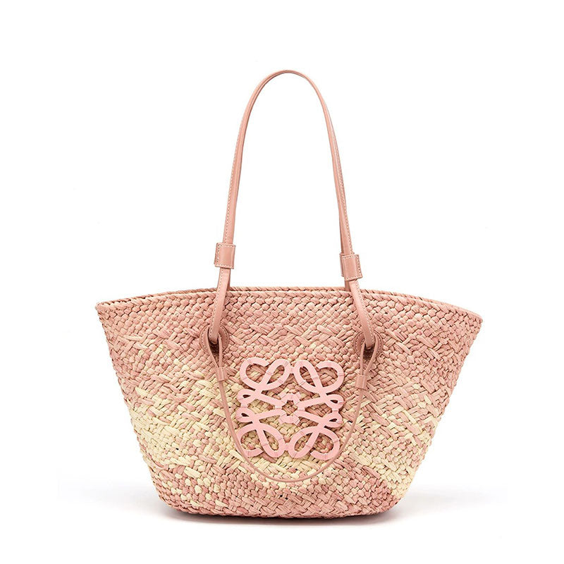 Pink Beige Handwoven Straw Beach Tote Bag