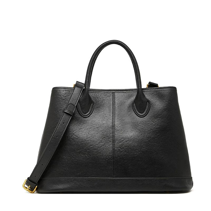 Women's Black Premium Leather Structured Work Tote Bag