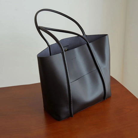 Black Leather Large Tote Bag With Inner Pouch Handbags For Work | PRUSES-1