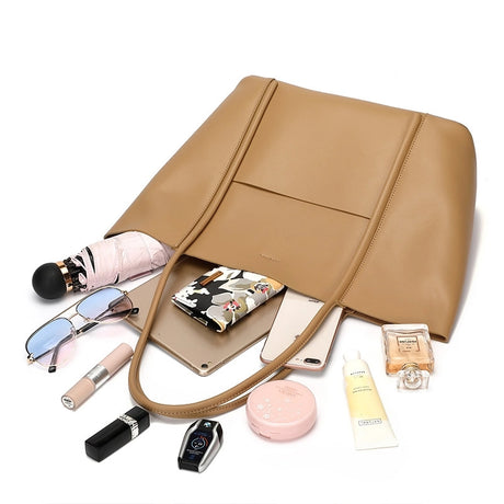 Black Leather Large Tote Bag With Inner Pouch Handbags For Work | PRUSES-2