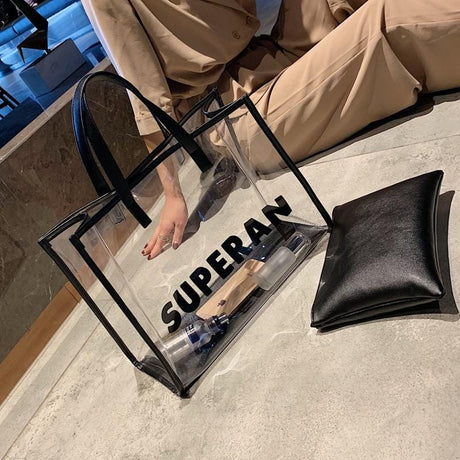 Black PVC Clear Tote Bag Summer Beach Bag| PRUSES-4