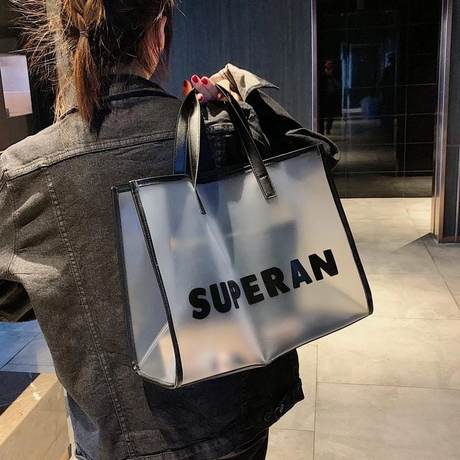 Black PVC Clear Tote Bag Summer Beach Bag| PRUSES-6