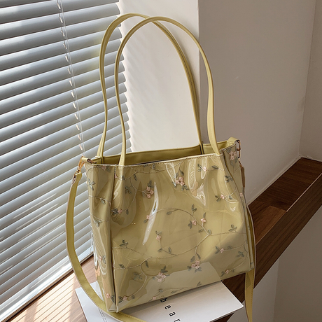 Green Clear Tote Bag Flower Printed Crossbody Tote with Removable Strap| PRUSES-7