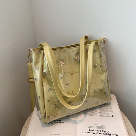 Green Clear Tote Bag Flower Printed Crossbody Tote with Removable Strap| PRUSES