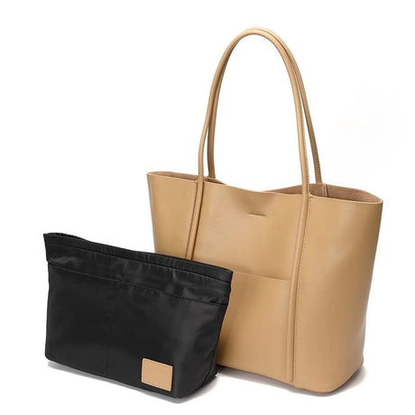 Khaki Leather Large Tote Bag With Inner Pouch Handbags For Work | PRUSES-15