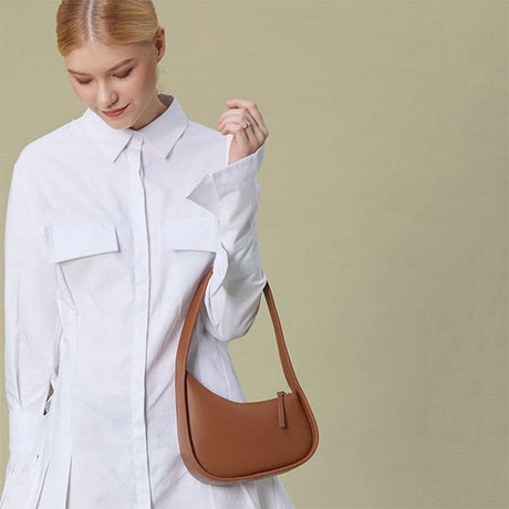 Tan Genuine Leather Half Moon Handbags Shoulder Bag With Zipper | PRUSES-2