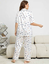 Plus Size White Heart Print Satin Short Sleeve Pajamas Back View
