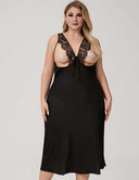 Women Plus Size Black Lace Trim Cut-Out Satin Nightgown