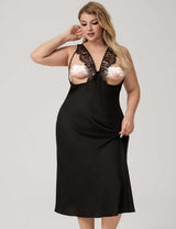 Women Plus Size Black Long Satin Nightgown