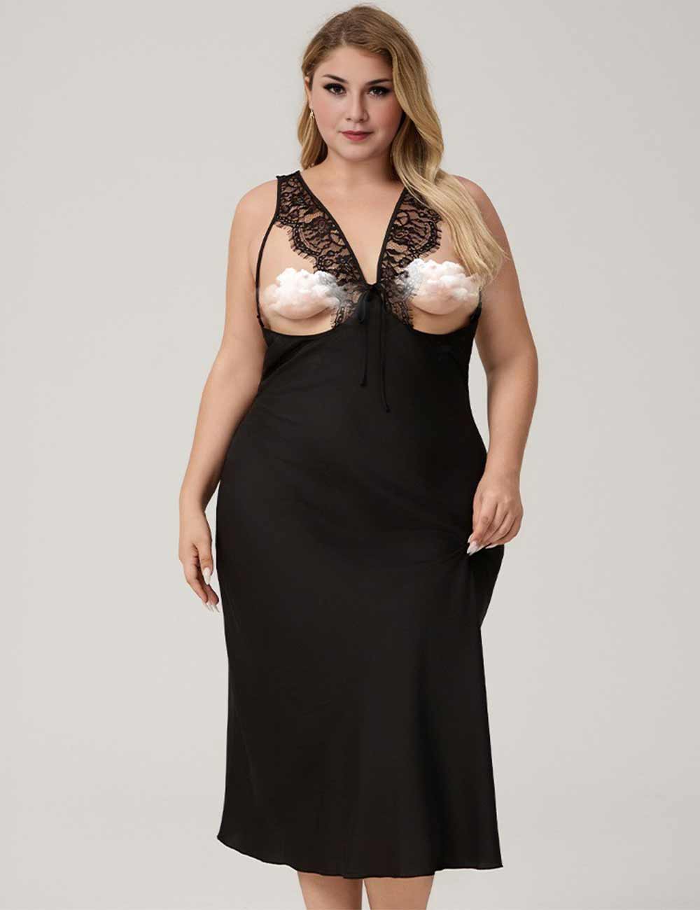 Women Plus Size Black Cut-Out Satin Nightgown