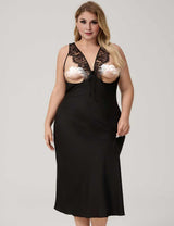 Women Plus Size Black Cut-Out Satin Nightgown
