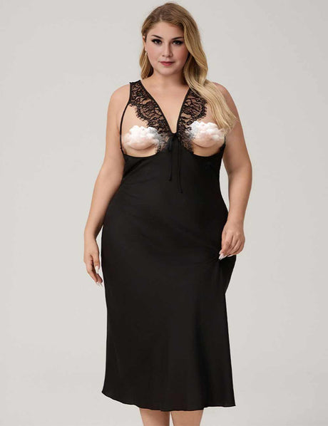 Women Plus Size Black Cut-Out Satin Nightgown