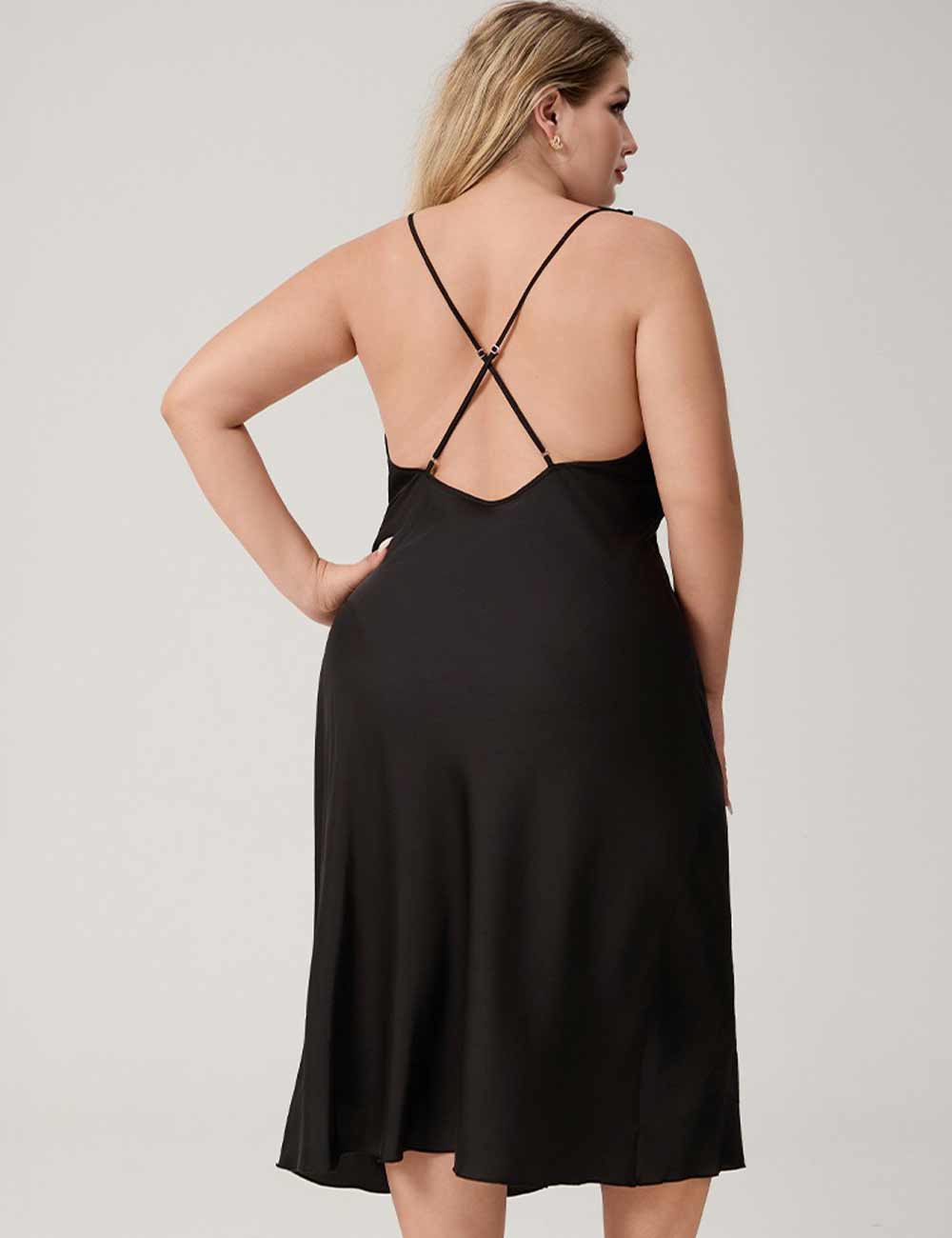 Women Plus Size Black Lace Trim Cut-Out Satin Nightgown back view