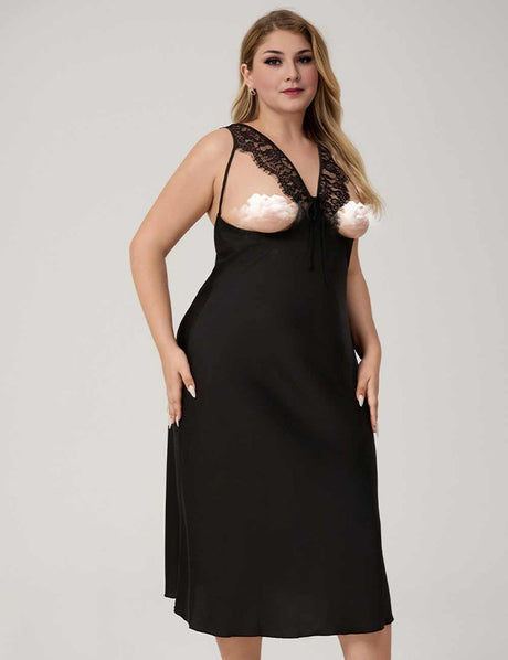 Women Plus Size Black Lace Trim Nightgown