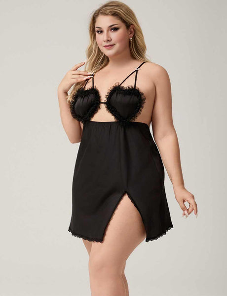 Women Plus Size Black Satin Cut-Out Nightgown