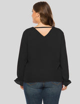 Women Plus Size Black V-Neck Split Sleeve Chiffon Blouse