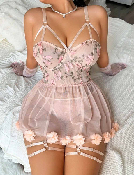 Women Plus Size Butterfly Embroidery Patchwork Mesh Babydoll | PRUSES