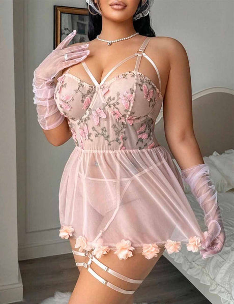 Women Plus Size Butterfly Embroidery Patchwork Mesh Babydoll | PRUSES