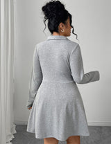 Women Plus Size Grey Polo Collar Knot-Front A-Line Dress