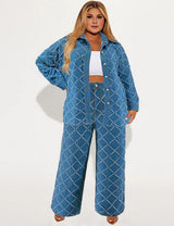 Women Plus Size Long Sleeve Denim Jacket and Jeans Set