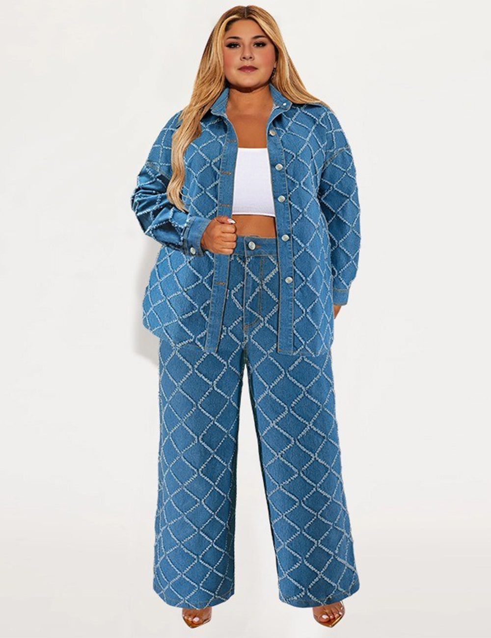 Women Plus Size Long Sleeve Denim Jacket and Jeans Set