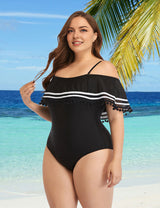 Women Plus Size Off Shoulder Swimsuit Belly Control One Piece Swimsuit-2