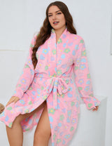 Women Plus Size Pink Floral Print Flannel Robe