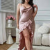 Women Plus Size Pink Satin Draped Ruffle Slit Nightgown