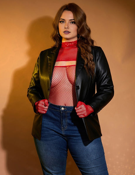 Women Plus Size Sexy Fishnet Long Sleeves Bodysuit