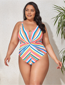 Women Plus Size Striped Crossover Swimsuit