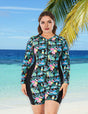 Women Plus Size Tropical Print Zipper Front Long Sleeve One Piece Swimwear-1