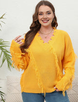 Women Plus Size V-Neck Tassel Patchwork Pullover Sweater