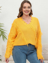 Women Plus Size V-Neck Tassel Patchwork Pullover Sweater