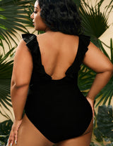 Women Plus Size V Neck One Piece Swimsuit Ruffled Lace Up Monokini-1