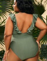 Women Plus Size V Neck One Piece Swimsuit Ruffled Lace Up Monokini-7